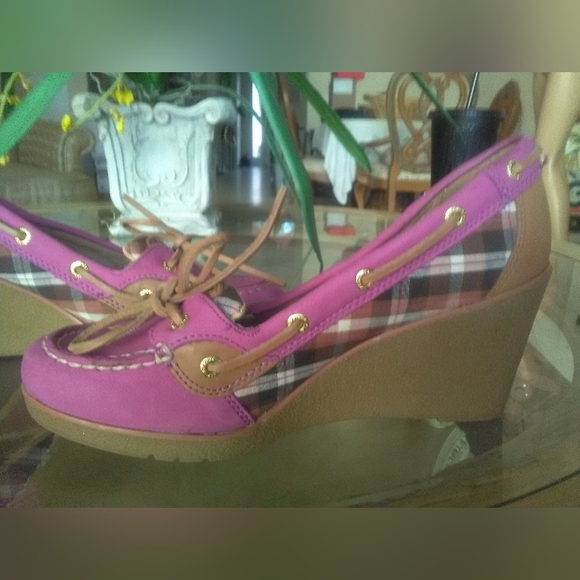 BNWOT PINK SPERRY TOP SIDERS HIGH HEELS (WEDGES) OMG ADORABLE! SZ. 8 M LEATHER - Picture 5 of 12